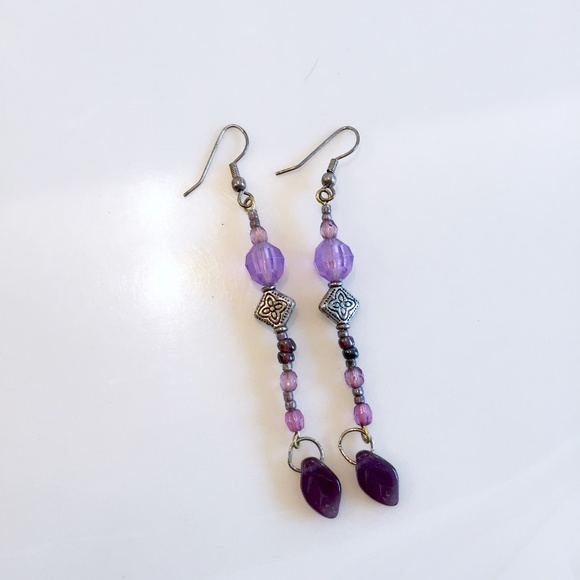Purple Silver Tone Beaded Drop Dangle Earrings - Picture 2 of 6